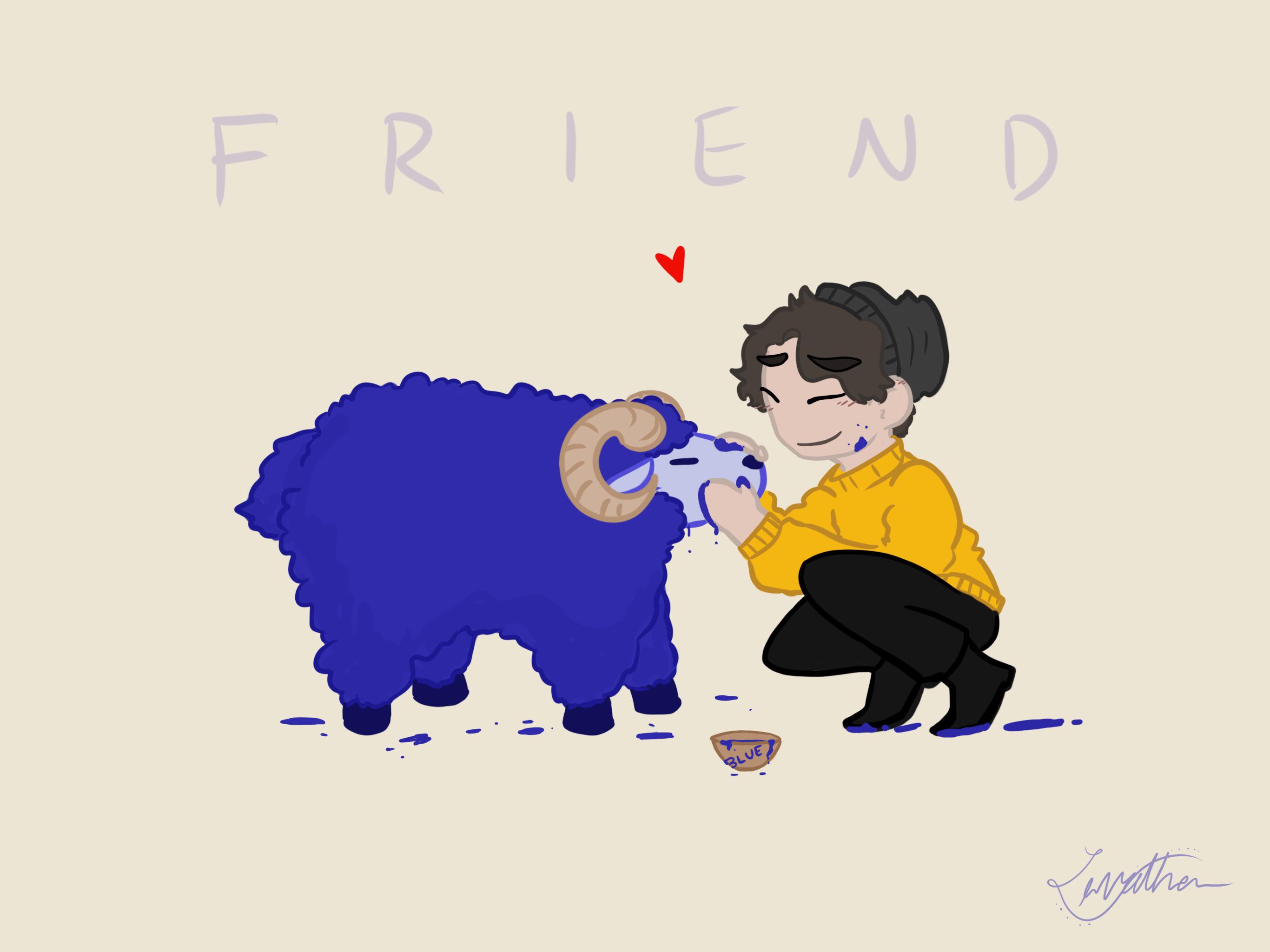 This is a drawing of Ghostbur and Friend. Ghostbur is crouched down, petting Friend's face. There is a bowl of blue dye labeled blue and splotches of blue all over the ground and over Ghostbur's hands. The word Friend is written above them with a small red heart underneath.